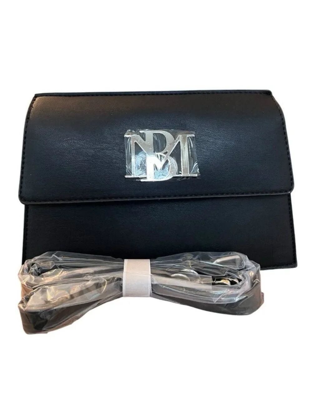 Badgley Mischka Black Crossbody Bag Silver Logo Faux Leather Purse NWT